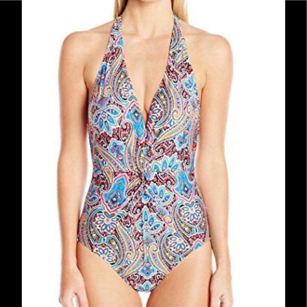 JANTZEN vibrant Paisley halter plunge swim NWT 16